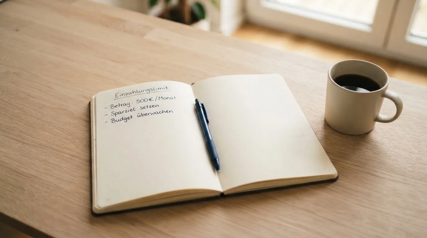 Ein aufgeschlagenes Notizbuch mit handschriftlichen Notizen und ein Kugelschreiber liegen auf einem hellen Schreibtisch neben einer Kaffeetasse.