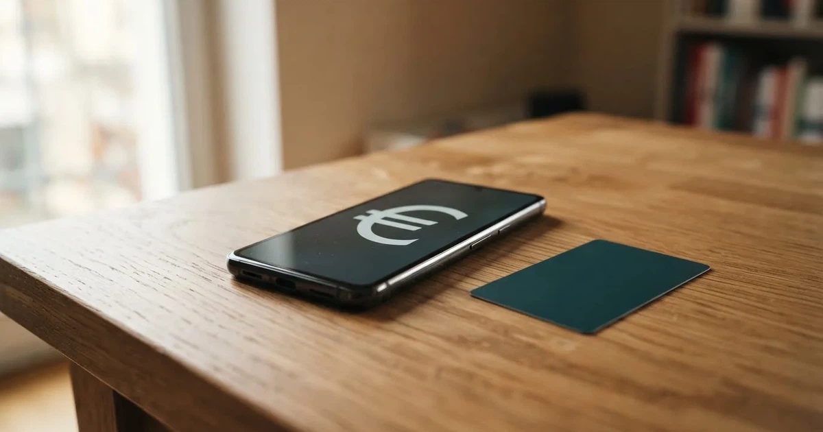 Ein Smartphone liegt mit dem Display nach unten auf einem Holztisch, daneben ein paar Euro-Münzen und eine unbeschriftete Plastikkarte im Morgenlicht.