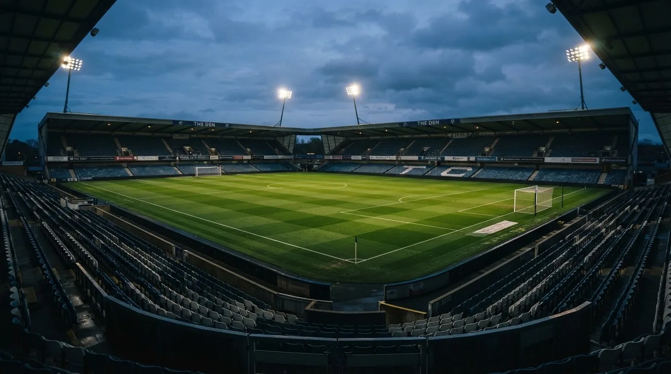 Ein Fußballplatz mit Flutlichtmasten in der Abenddämmerung, aus der Ferne gesehen, leere Tribünen und nasser Rasen unter bewölktem Himmel.