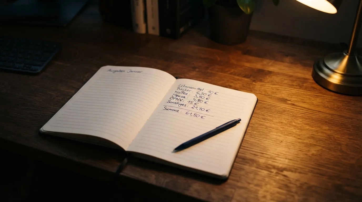 Ein Taschenrechner und ein Blatt Papier mit handschriftlichen Notizen liegen auf einem Schreibtisch unter dem warmen Licht einer Lampe.