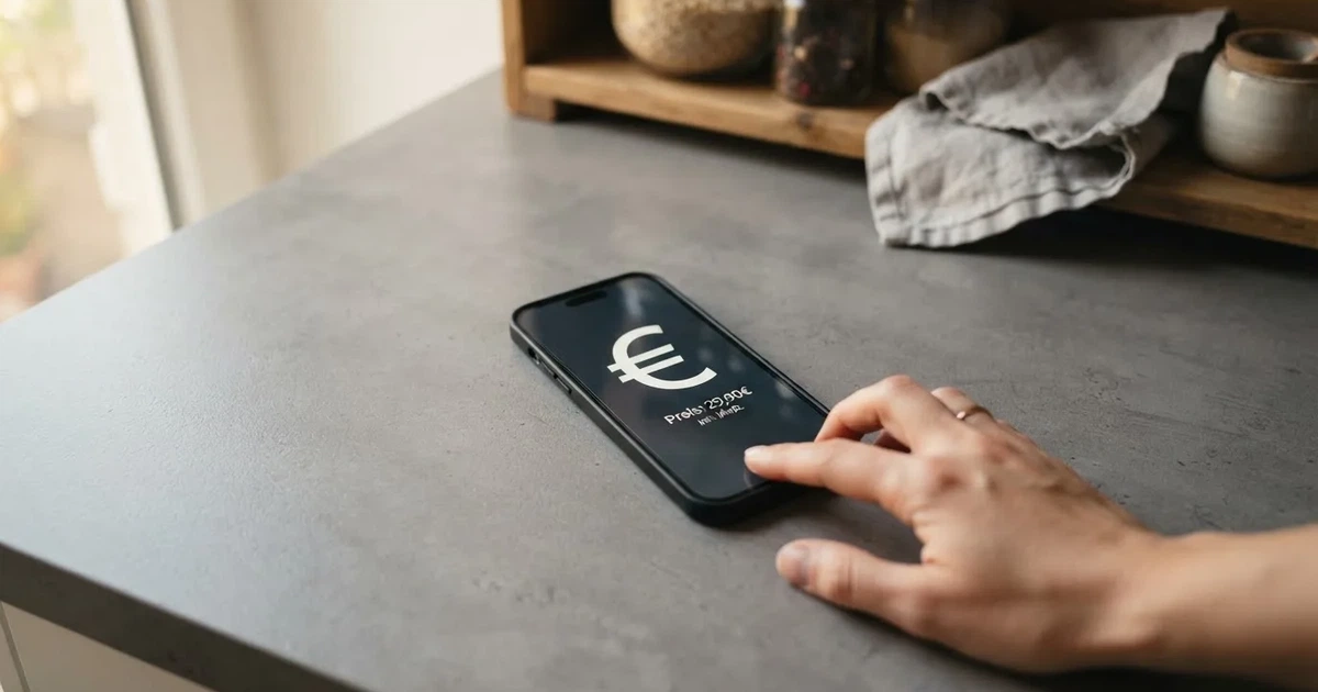 Eine Hand legt ein paar Münzen neben ein umgedrehtes Smartphone auf eine graue Tischplatte, dahinter verschwommen ein Küchenregal.