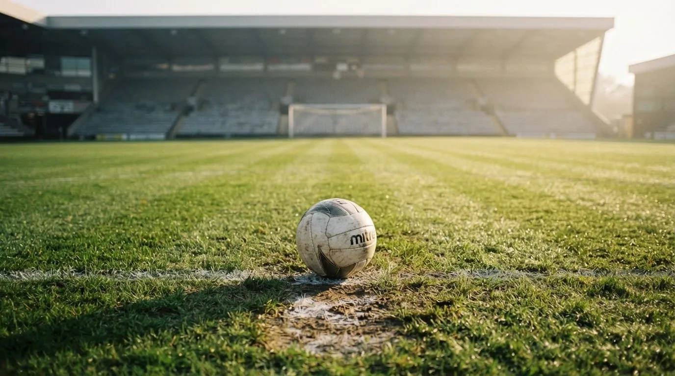 Ein Fußball liegt auf dem Elfmeterpunkt eines leeren Rasenplatzes, im Hintergrund eine Tribüne im Dunst.