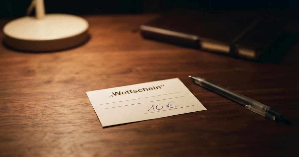 Ein leerer Wettschein aus Papier liegt neben einem Stapel Euro-Münzen auf einem dunklen Holztisch, seitlich von einer Schreibtischlampe beleuchtet.