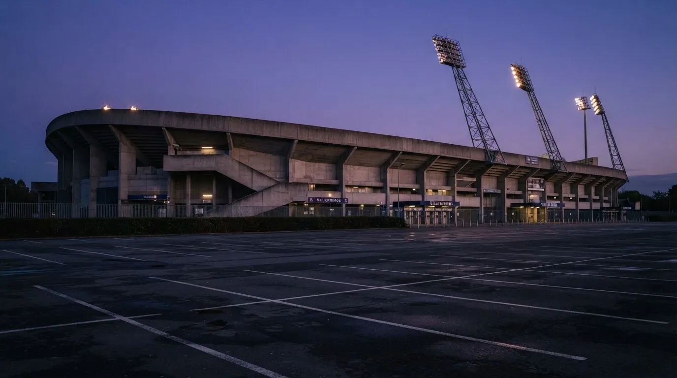 Ein Fußballstadion von außen in der Dämmerung, hohe Flutlichtmasten vor einem violetten Himmel, davor ein leerer Parkplatz.
