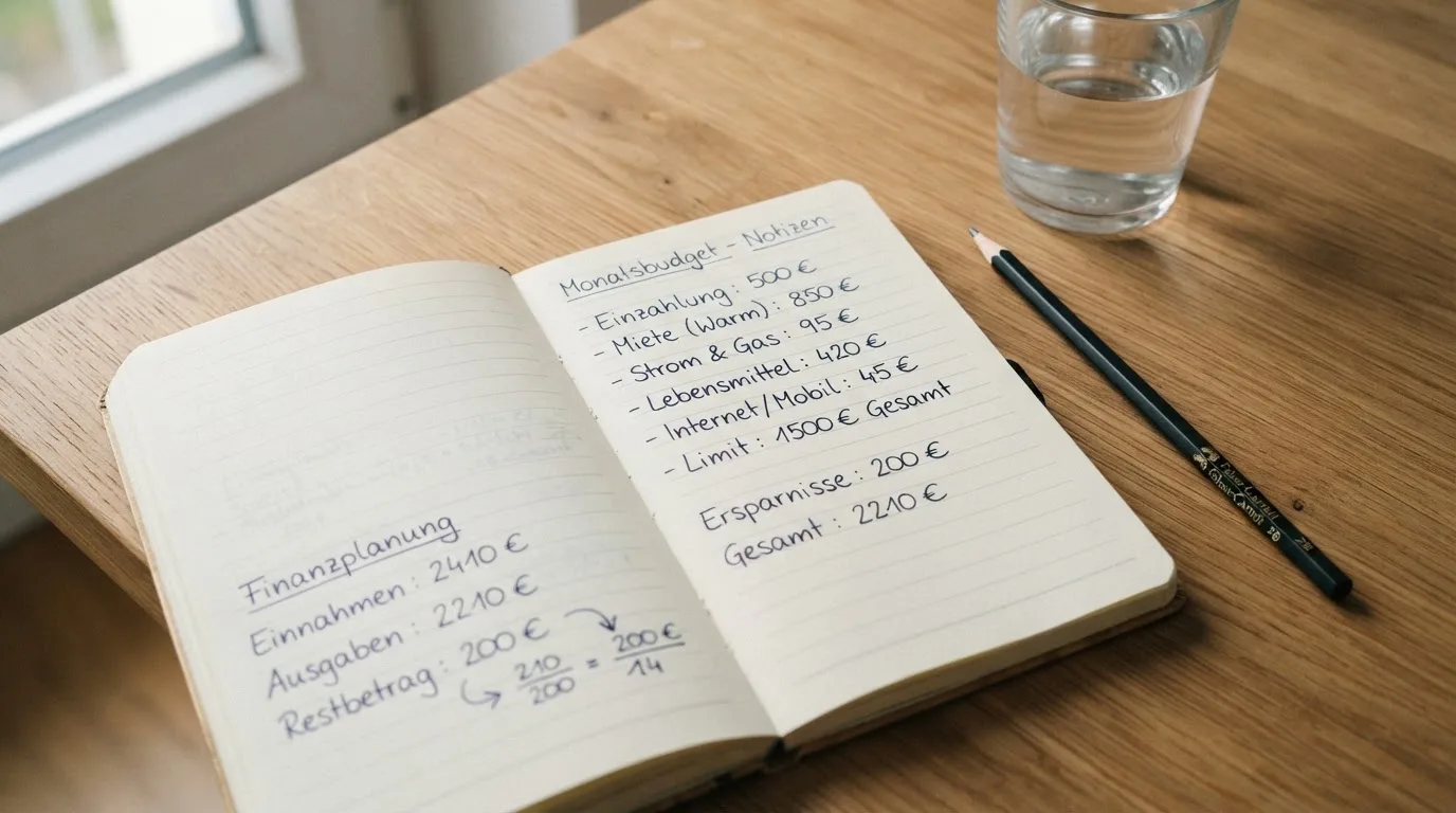 Ein aufgeschlagenes Heft mit handschriftlichen Notizen und ein Bleistift liegen auf einem Schreibtisch, daneben ein Glas Wasser.
