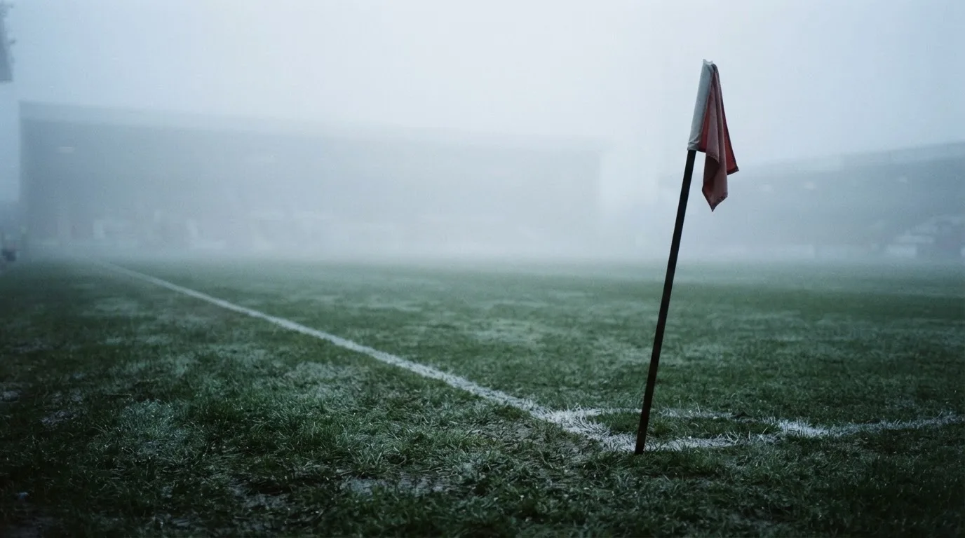 Der Rand eines Spielfelds mit weißer Linie und Eckfahne bei Nebel am frühen Morgen, ohne Menschen.