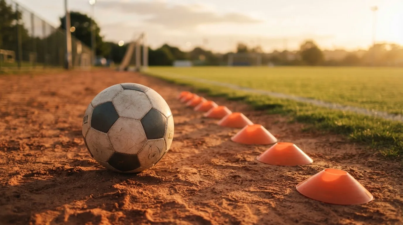 Ein Fußball auf rotem Sandboden neben einer Reihe Hütchen auf einem Trainingsplatz bei untergehender Sonne.