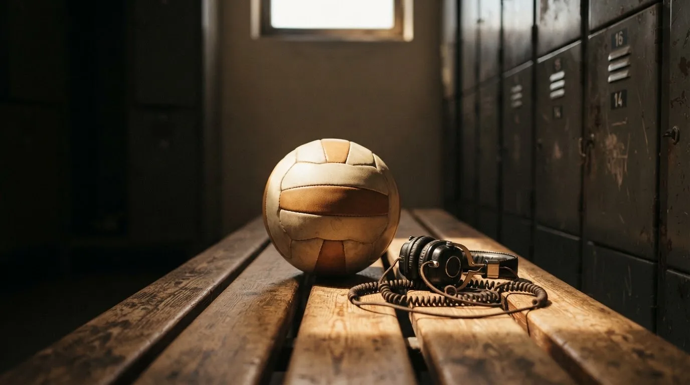 Ein Fußball liegt neben Kopfhörern auf einer Holzbank in einer Umkleide, Licht fällt durch ein schmales Fenster.