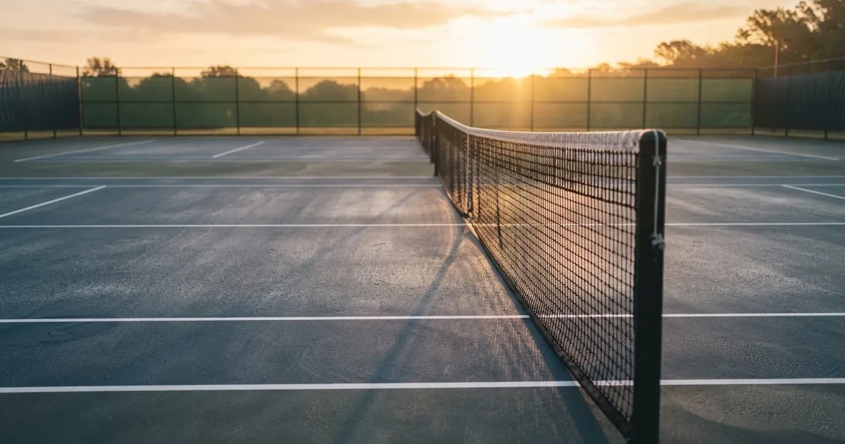 Ein leerer Tennisplatz mit Hartplatzbelag in der Morgendämmerung, das Netz im Gegenlicht und lange Schatten der Linien.