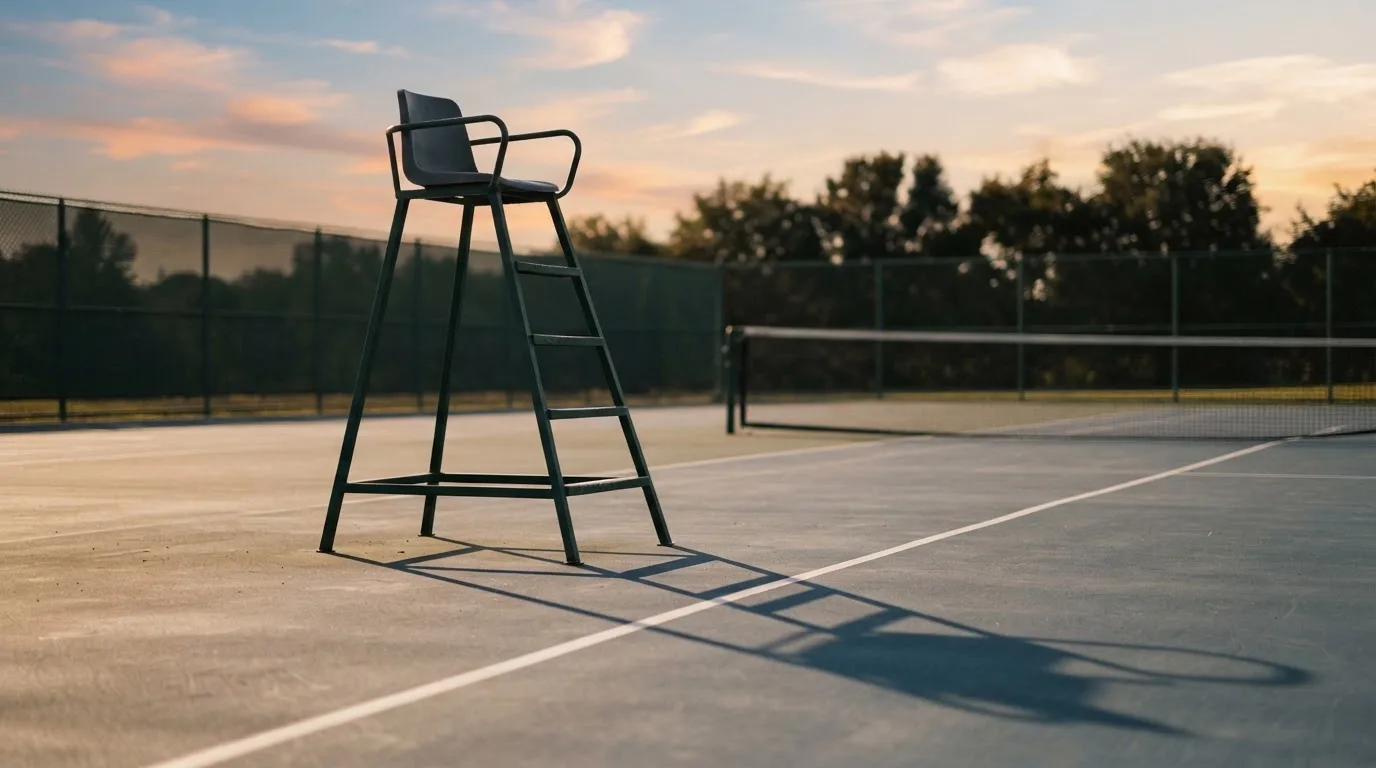 Ein leerer Schiedsrichterstuhl am Spielfeldrand eines Tennisplatzes im Abendlicht, lange Schatten auf dem Belag.