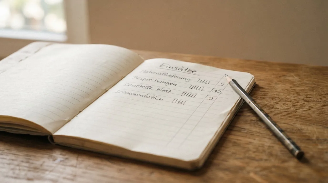 Ein handschriftlich geführtes Heft mit Strichlisten liegt neben einem Bleistift auf einem Tisch, seitlich fällt Tageslicht herein.