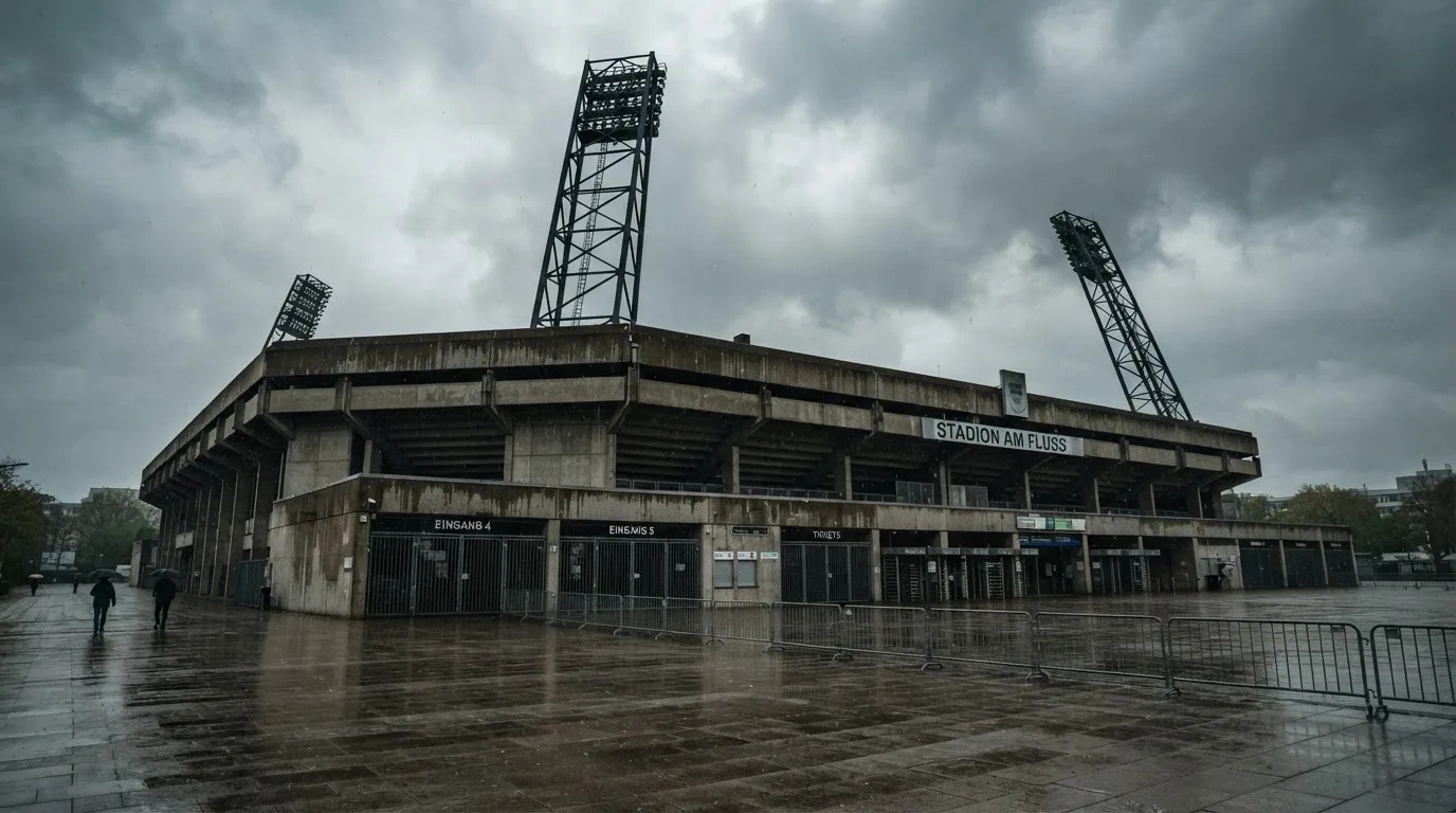 Ein leeres Stadion von außen, hohe Flutlichtmasten vor einem grauen Himmel mit Regenwolken.