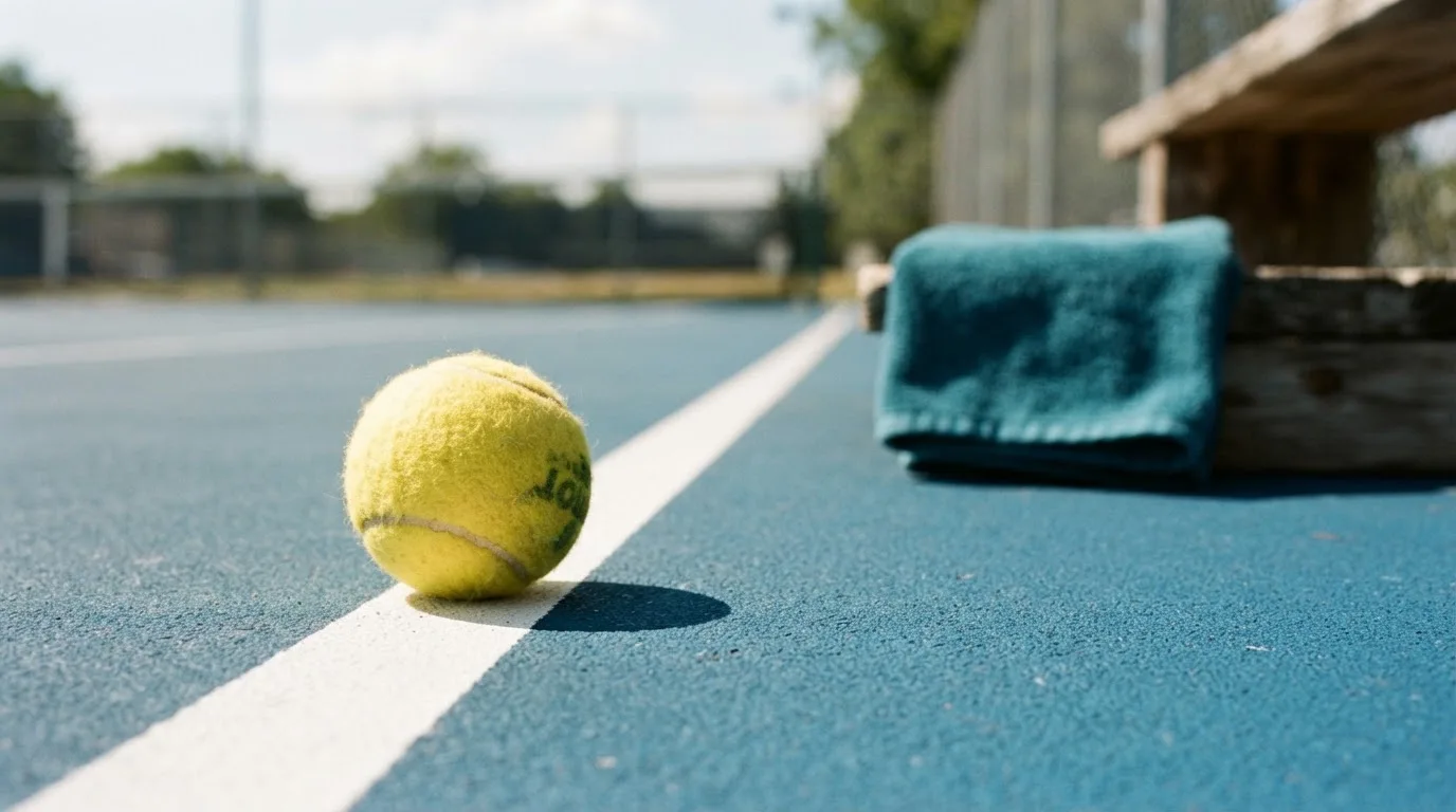 Ein gelber Tennisball liegt auf einer weißen Linie, daneben ein Handtuch auf einer Bank am Spielfeldrand.