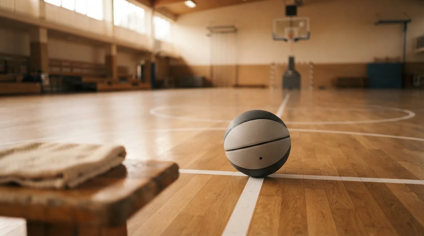 Ein Basketball liegt auf der Freiwurflinie einer Halle, im Vordergrund ein Handtuch auf einer Bank.