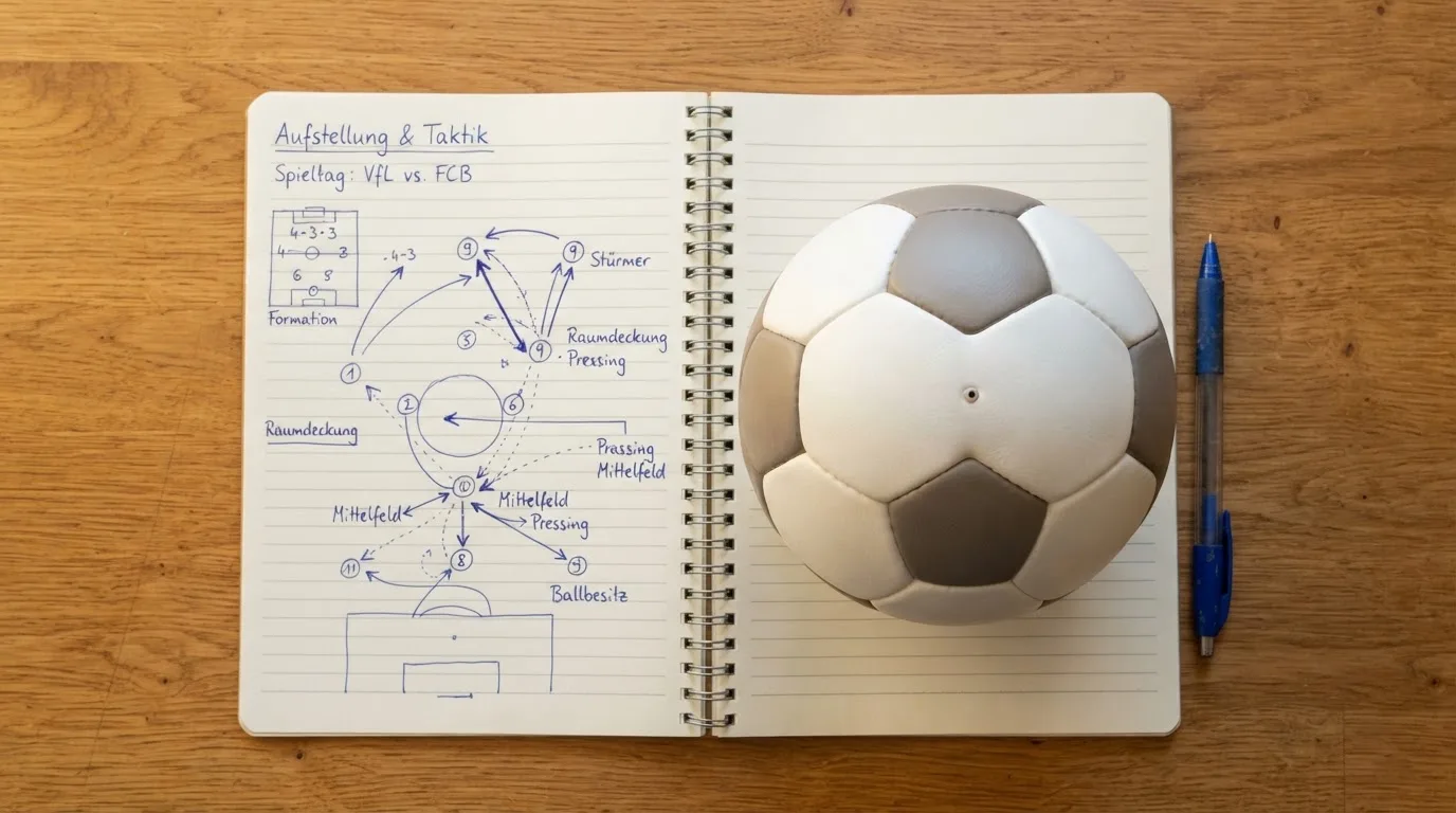 Ein Fußball liegt auf einem Notizbuch mit handgezeichneten Skizzen von Spielzügen, aufgenommen von oben auf einem Holztisch.