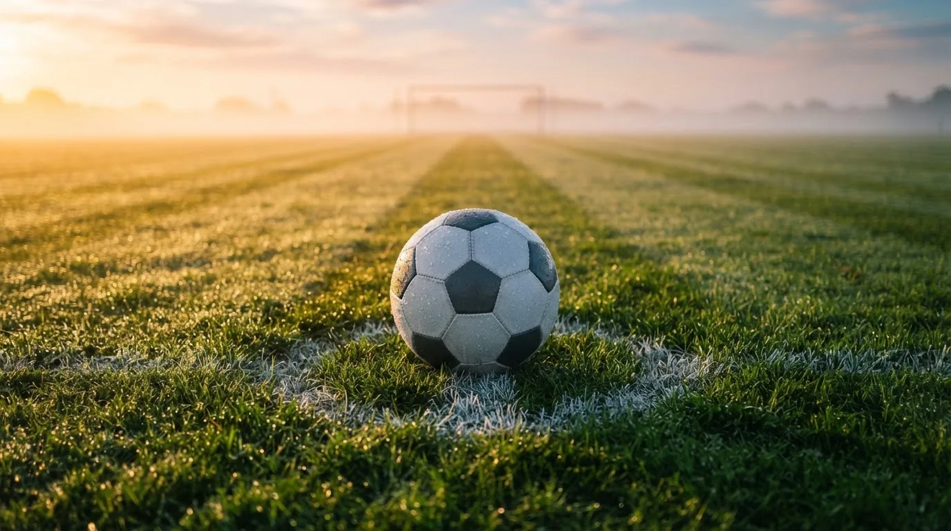 Ein Fußball liegt auf dem Anstoßpunkt eines Rasens bei Sonnenaufgang, Tau glitzert auf den Halmen.