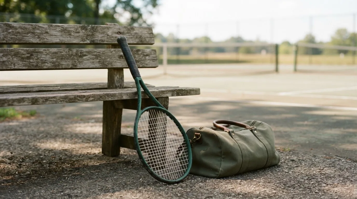 Ein Tennisschläger lehnt an einer Bank neben einer Sporttasche, im Hintergrund ein leerer Platz.