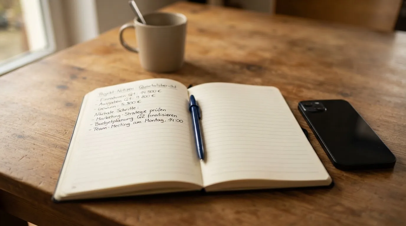Ein Notizbuch mit handschriftlichen Notizen und ein Kugelschreiber liegen neben einem Smartphone mit dunklem Display auf einem Holztisch.