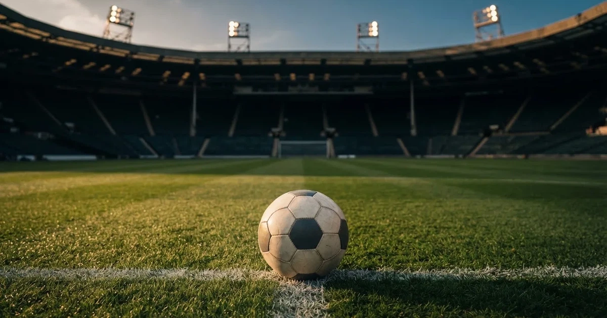 Ein Fußball liegt auf dem Anstoßpunkt eines leeren Rasenplatzes, im Hintergrund eine große Stadiontribüne im Abendlicht.