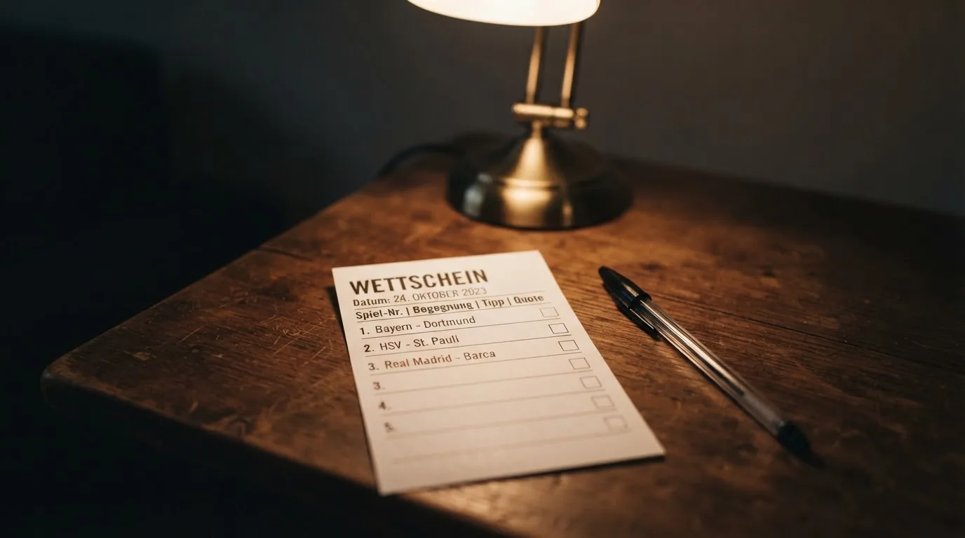Ein leerer Wettschein aus Papier liegt neben einem Stift auf einem Schreibtisch im Licht einer kleinen Tischlampe.