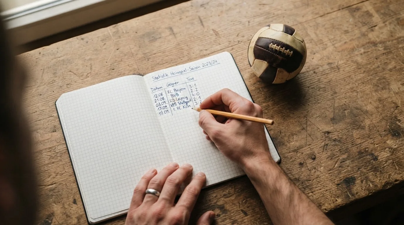 Eine Hand notiert mit Bleistift Zahlen in ein kariertes Heft, daneben liegt ein kleiner Lederfußball auf einer Holzplatte.