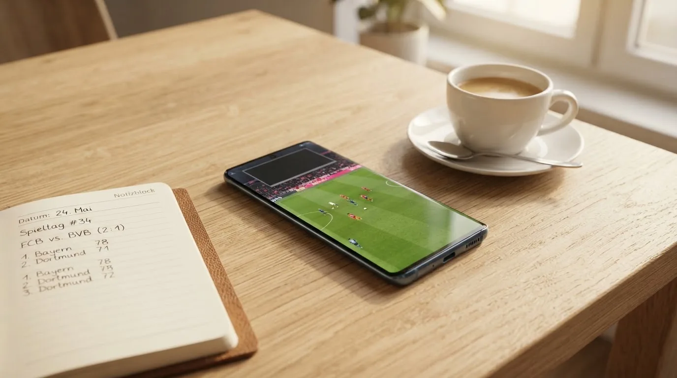 Ein Smartphone mit dunklem Display liegt neben einer Kaffeetasse und einem Notizblock auf einem hellen Tisch.
