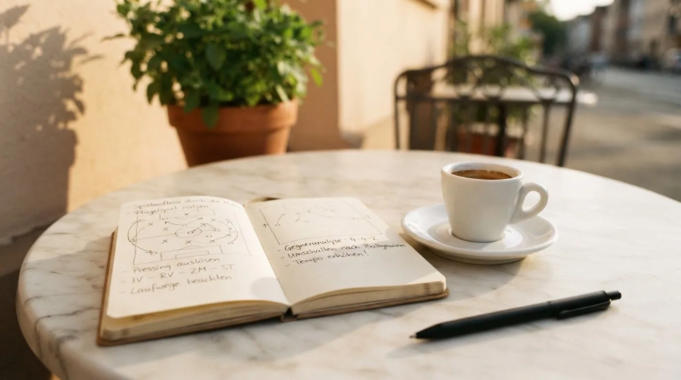 Eine Espressotasse steht auf einem kleinen Marmortisch einer Terrasse, daneben ein Notizheft mit handschriftlichen Skizzen.