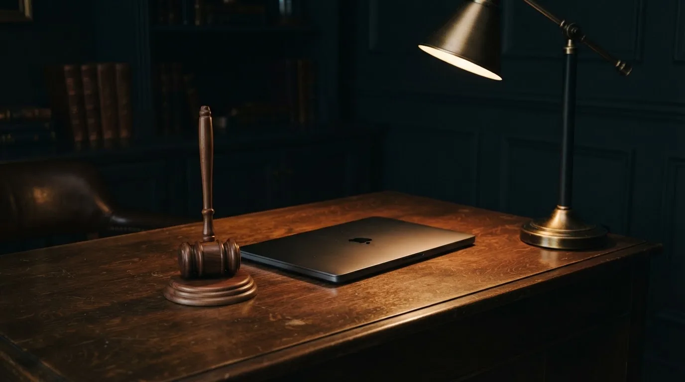 Ein Schreibtisch mit Stehlampe, einem geschlossenen Laptop und einem hölzernen Richterhammer im Halbdunkel.