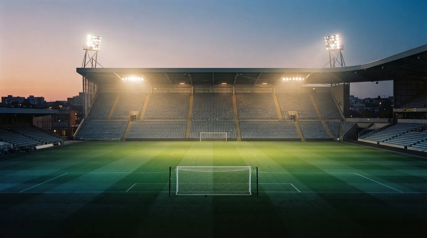Eine leere Stadiontribüne unter Flutlicht aus der Ferne betrachtet, die Rasenfläche leuchtet grün in der Dämmerung.