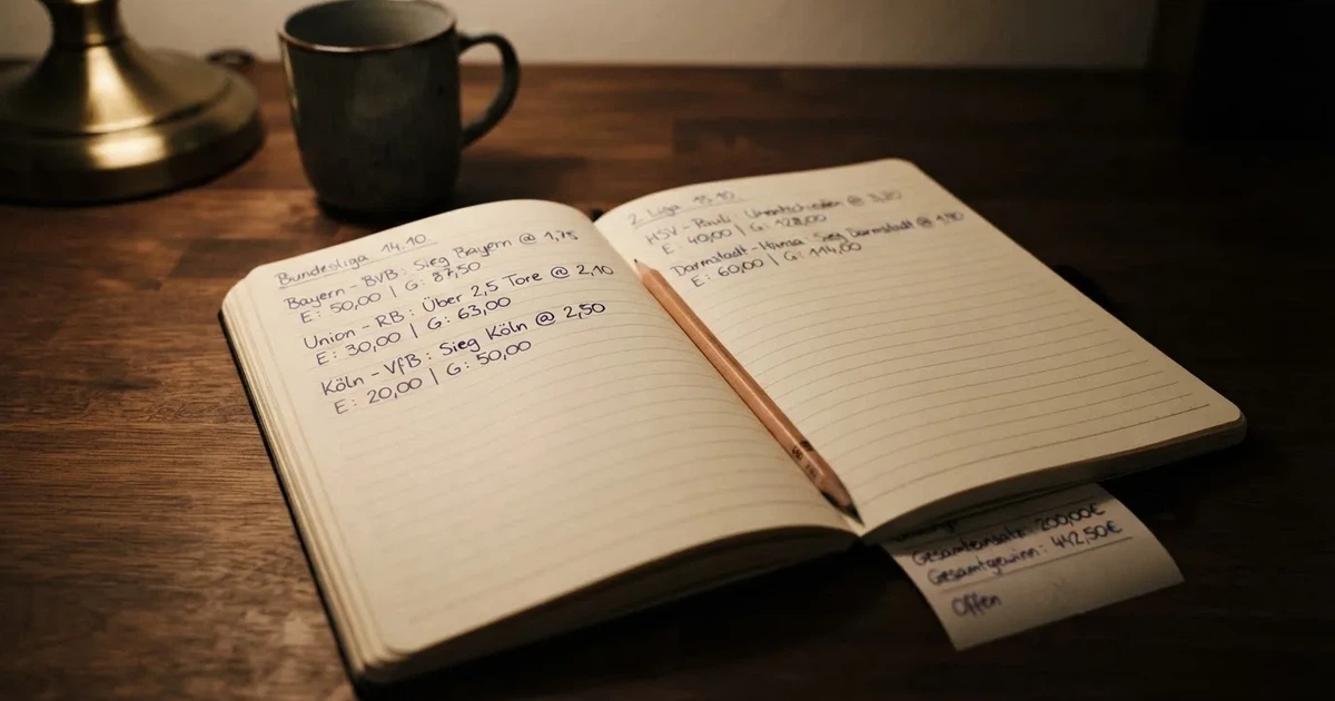 Ein aufgeschlagenes Notizbuch mit handschriftlichen Zahlenreihen und ein Bleistift liegen neben einem Taschenrechner auf einem Schreibtisch.