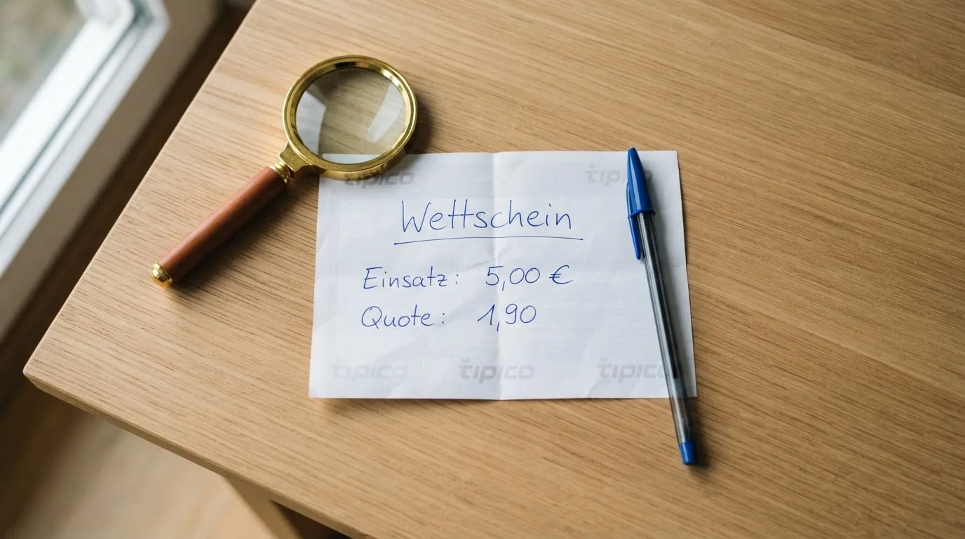 Ein leerer Wettschein aus Papier und ein Kugelschreiber liegen auf einem Schreibtisch neben einer Lupe.