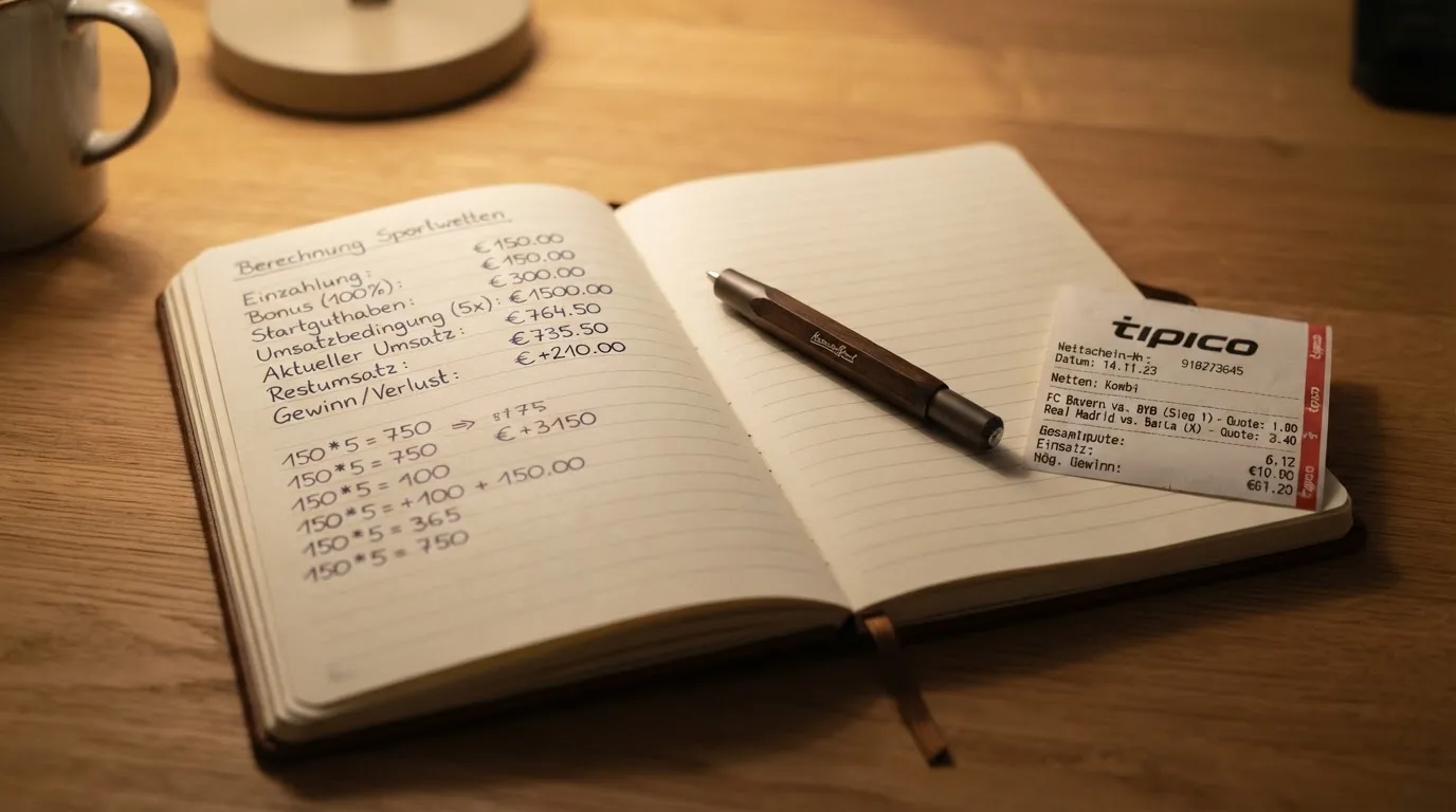 Ein Notizbuch mit handschriftlichen Rechnungen und ein Taschenrechner liegen auf einem aufgeräumten Schreibtisch in warmem Licht.
