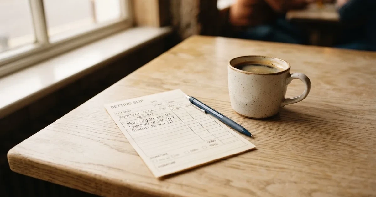 Ein leerer Papier-Wettschein liegt neben einem Kugelschreiber und einer Kaffeetasse auf einem hellen Holztisch, Tageslicht von links.