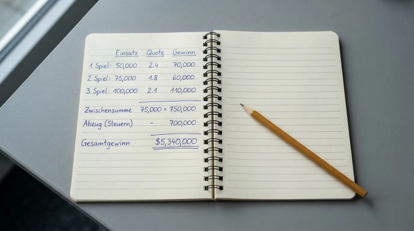 Ein Taschenrechner, ein Bleistift und ein Block mit handschriftlichen Zahlenreihen liegen auf einer grauen Arbeitsfläche.
