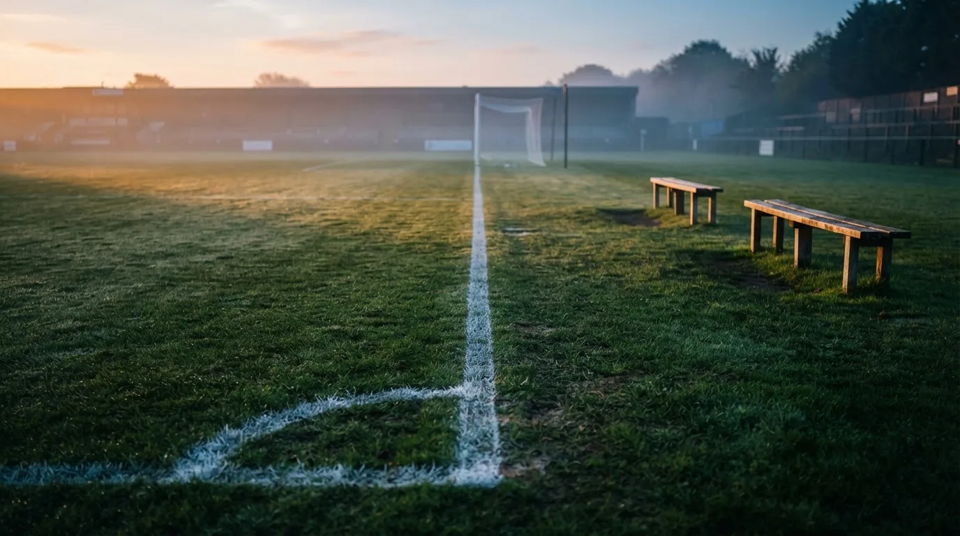 Ein Fußballplatz mit frisch gezogenen Kreidelinien im ersten Morgenlicht, leere Ersatzbänke am Spielfeldrand.
