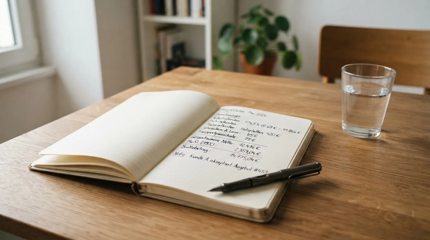 Ein Taschenrechner liegt auf einem Schreibtisch neben einem Block mit handschriftlichen Rechnungen und einem Glas Wasser.