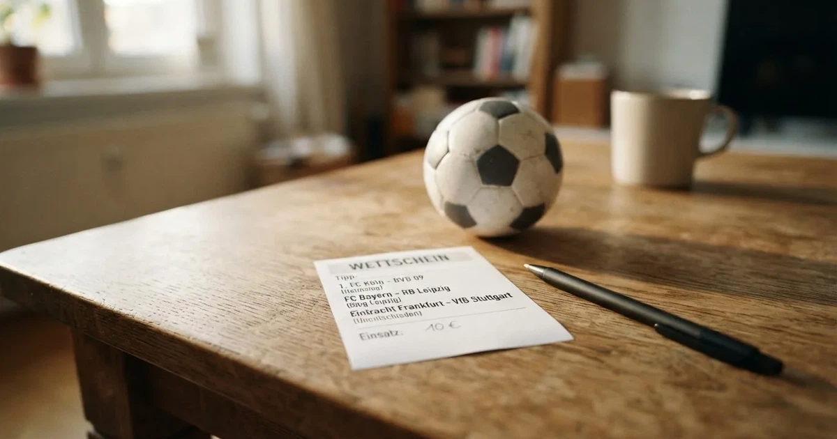 Ein leerer Papier-Wettschein und ein Kugelschreiber liegen neben einem kleinen Fußball auf einem Holztisch, weiches Fensterlicht.