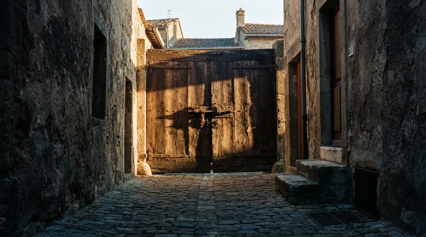Ein massives Holztor mit eisernem Riegel steht in einer ruhigen Gasse im Morgenlicht.