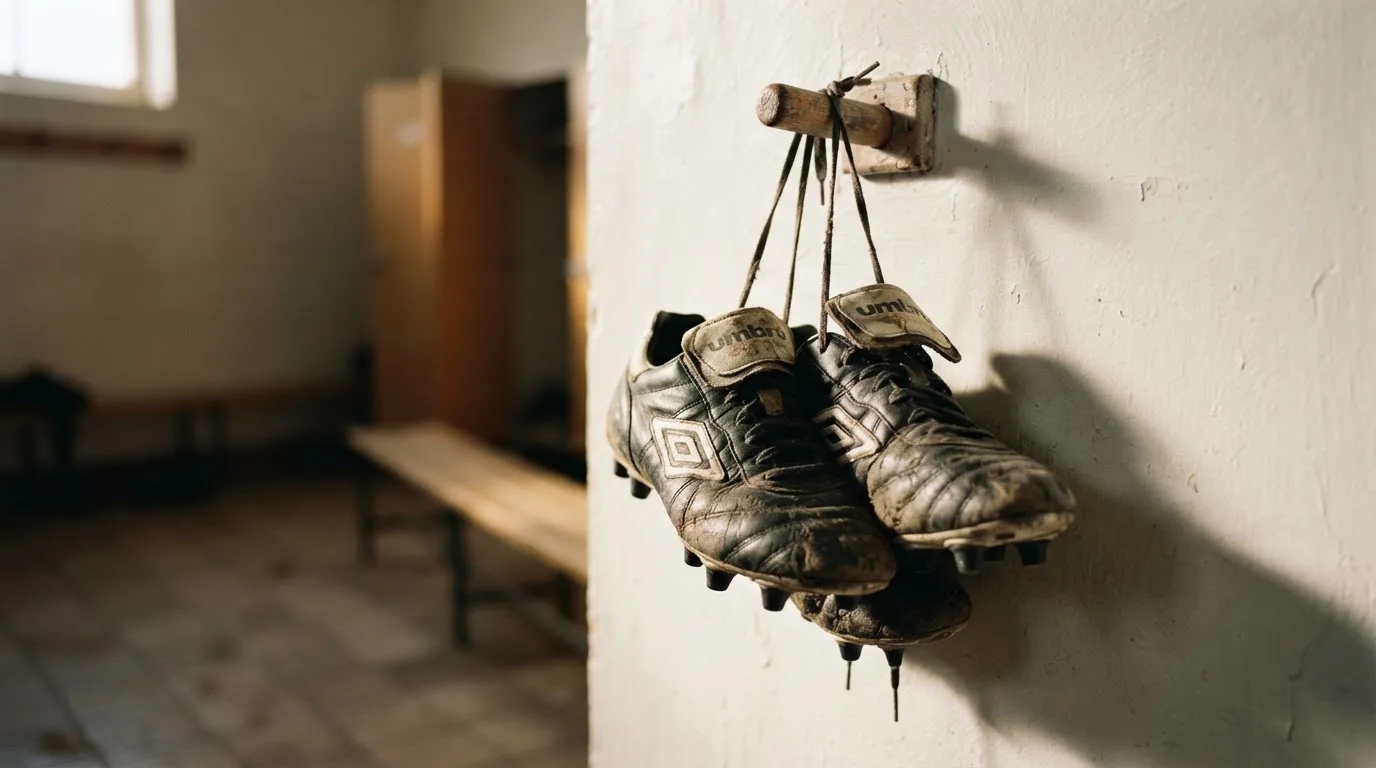 Ein Paar Fußballschuhe hängt an den Schnürsenkeln an einem Holzhaken in einer leeren Umkleidekabine.