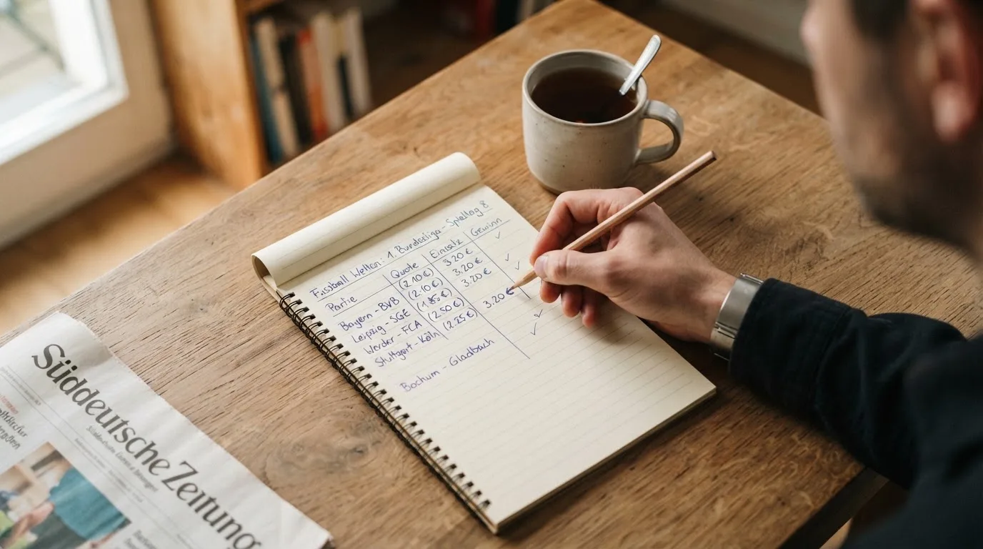 Ein Schreibtisch mit Taschenrechner, Bleistift und einem Block voller handschriftlicher Rechnungen, daneben eine Tasse Tee.