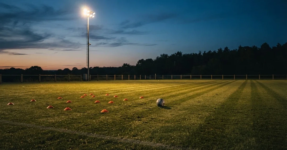 Eine Flutlichtanlage ragt über einen Trainingsplatz, auf dem Rasen liegen verstreut Hütchen und ein Ball, am Himmel die Abenddämmerung.