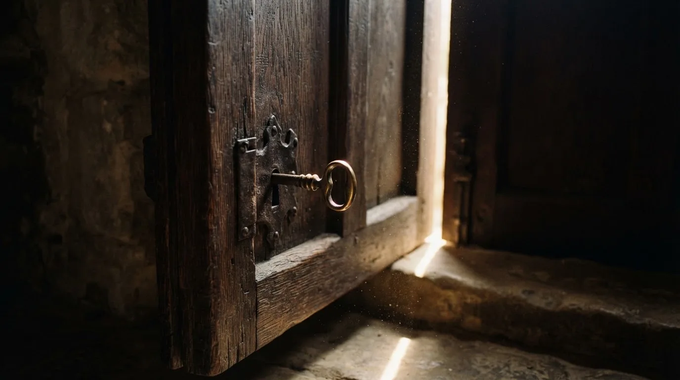 Ein Schlüssel steckt im Schloss einer massiven Holztür, Licht fällt durch einen schmalen Spalt.
