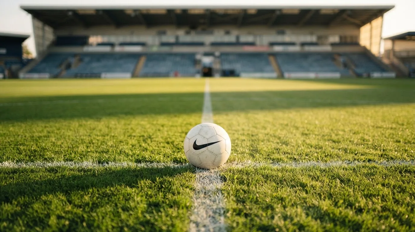 Ein Fußball liegt auf dem Rasen im Mittelkreis, die Kreidelinien führen scharf ins Bild, dahinter verschwimmt eine Tribüne.