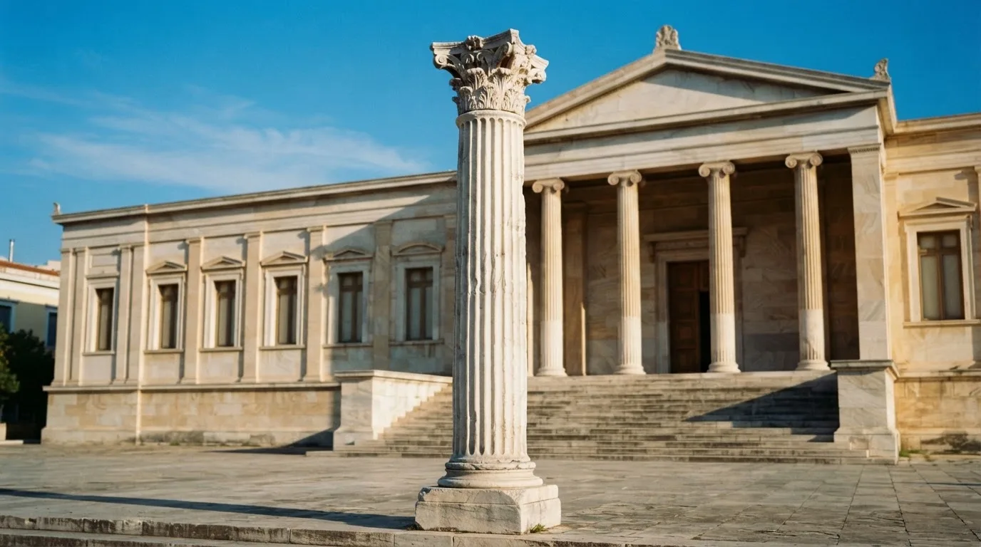 Eine Marmorsäule vor einem klassischen Gebäude, im Hintergrund blauer Himmel.