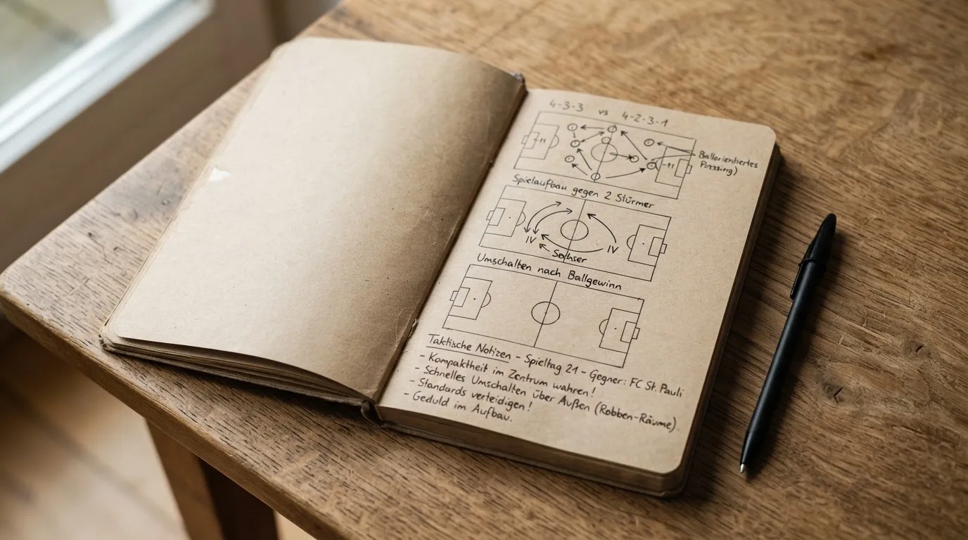 Ein aufgeschlagenes Notizbuch mit handschriftlichen Skizzen von Spielzügen liegt neben einem Kugelschreiber auf einem Holztisch.