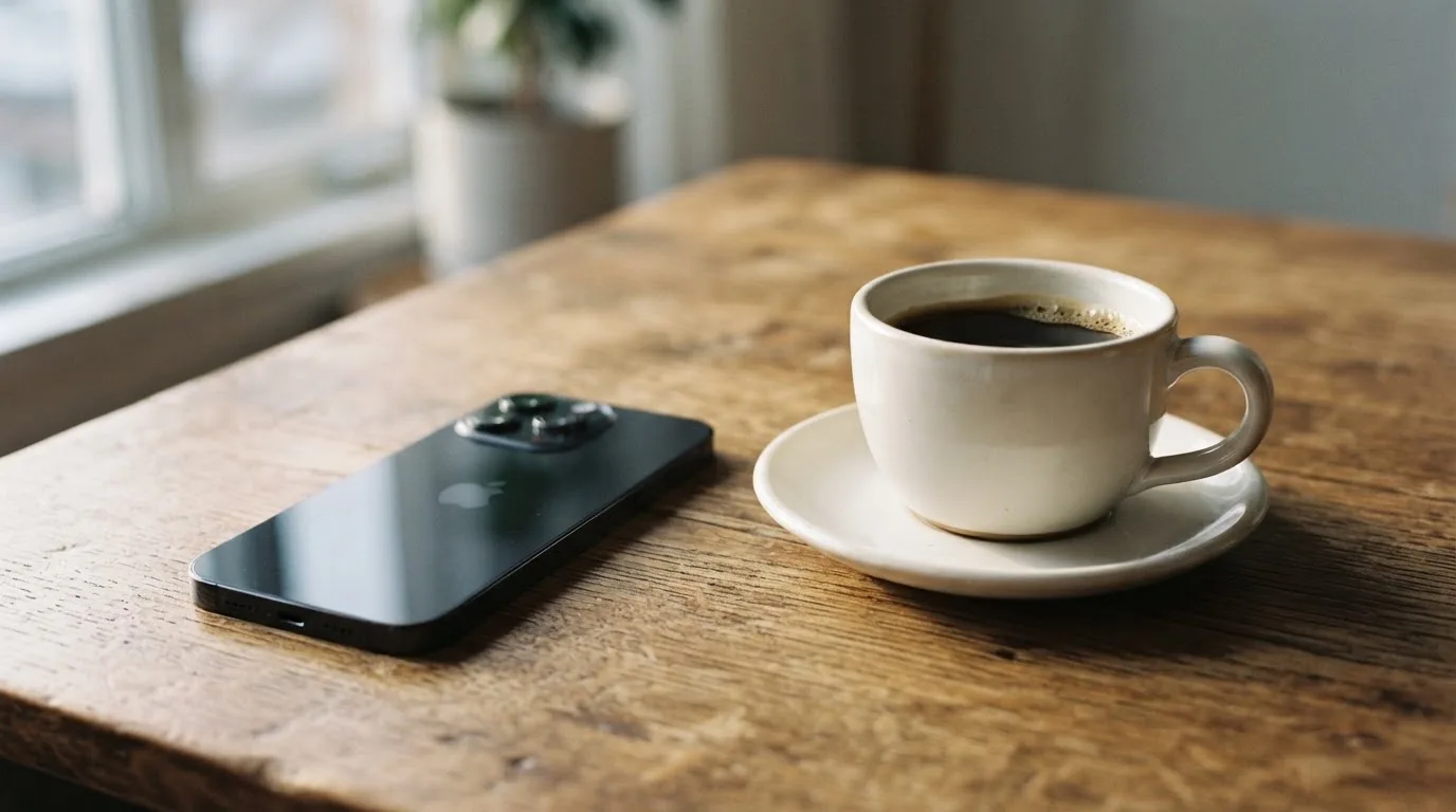 Ein Smartphone mit dunklem Display liegt neben einer Kaffeetasse auf einem Holztisch im Licht eines Fensters.