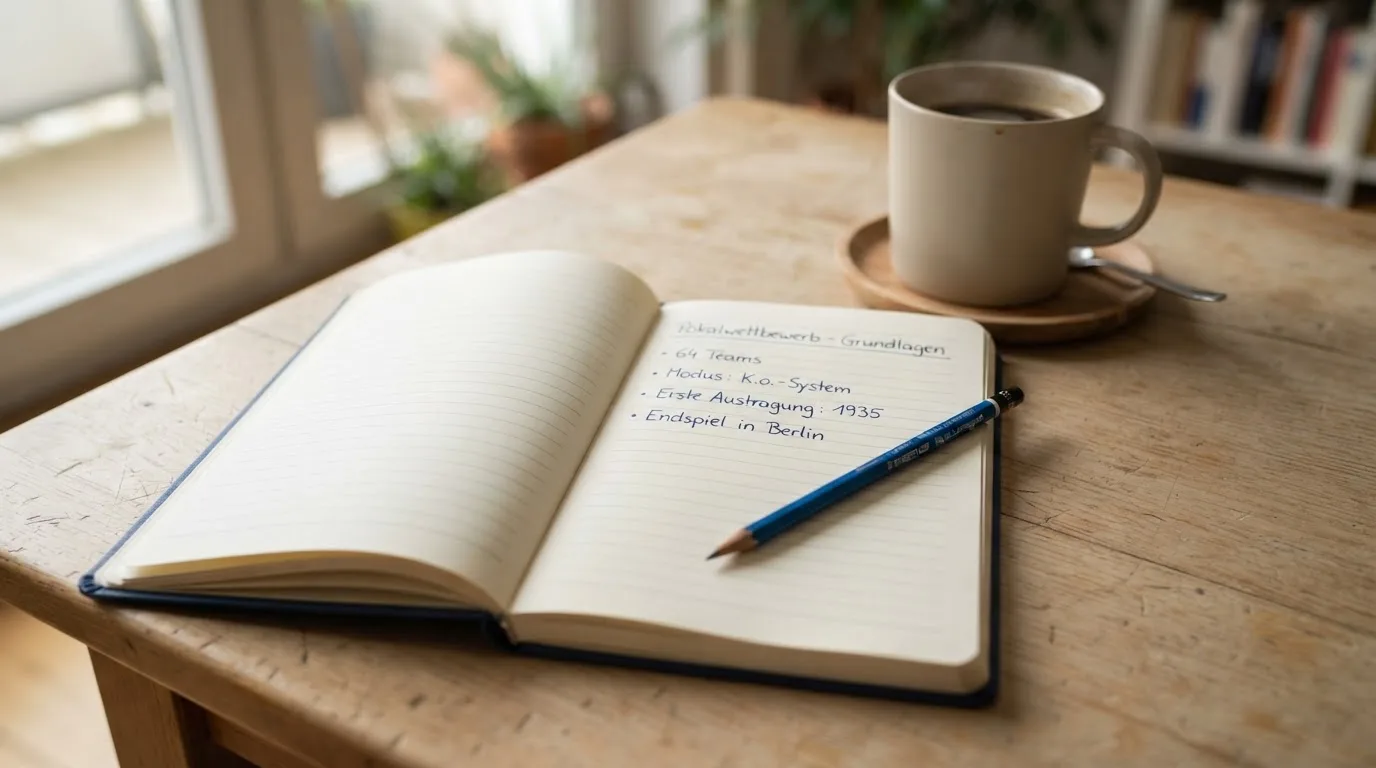 Ein aufgeschlagenes Notizbuch mit handgeschriebenen Stichpunkten und ein Bleistift liegen neben einer Kaffeetasse auf einem hellen Holztisch.