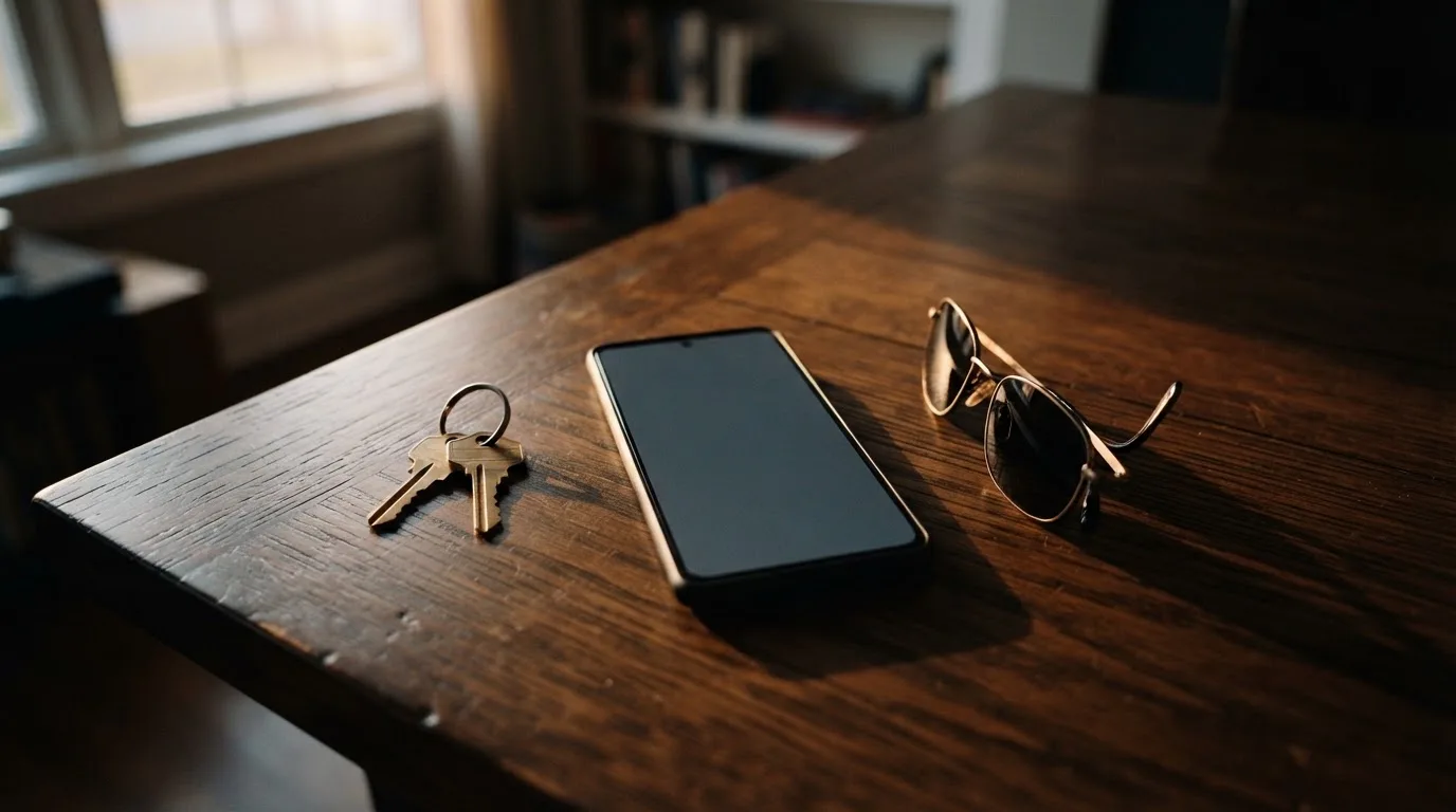 Ein Smartphone liegt mit dunklem Display auf einem Holztisch neben einem Schlüsselbund und einer Brille im Licht eines Fensters.