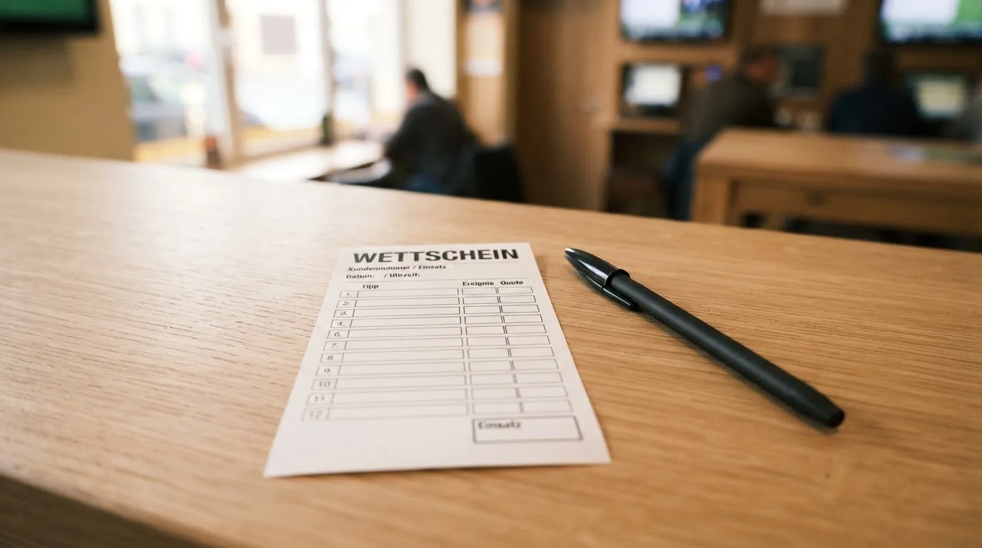 Ein leerer Papier-Wettschein und ein Kugelschreiber liegen auf einer Theke aus hellem Holz im Tageslicht.