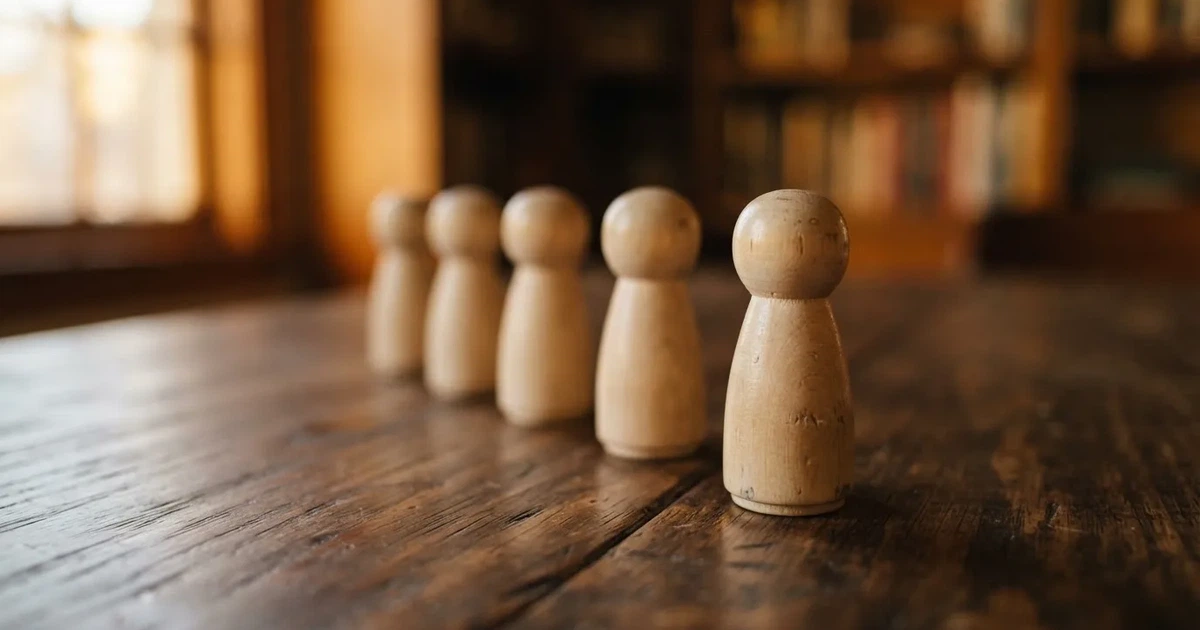 Fünf Holzfiguren stehen in einer Reihe auf einem Tisch, die erste Figur ist leicht nach vorn gerückt.